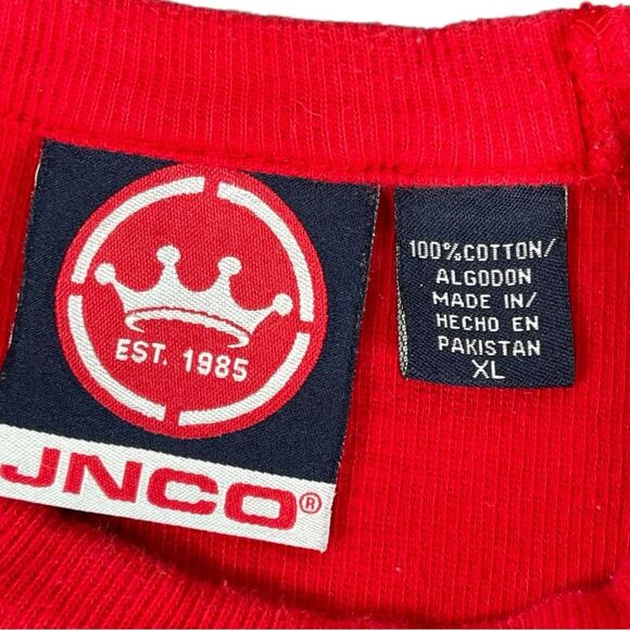 JNCO Y2K 2003 Red Navy Colorblock Logo Crewneck Streetwear Shirt Men’s Size XL - Picture 3 of 7